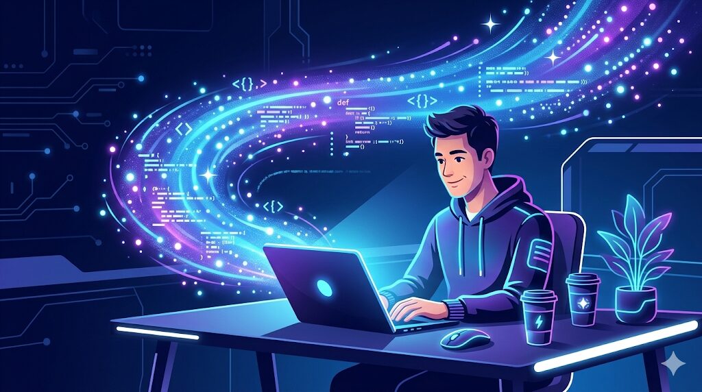 【Claudeが向いている人】ノートPCに向かって集中する人物の背後に、文章やコードが光の粒子として流れている