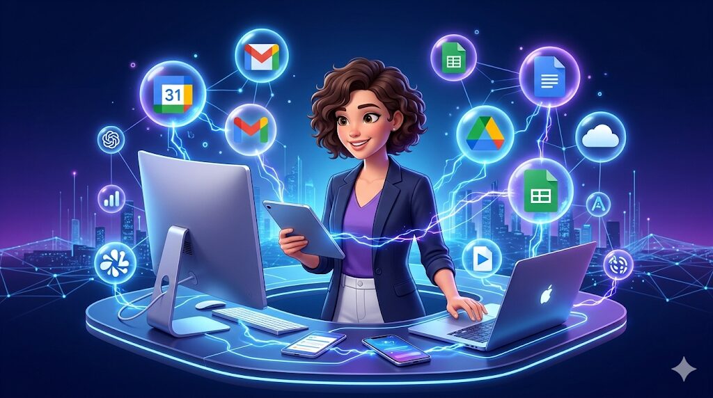 【ChatGPT・Geminiが向いている人】複数のデバイス（スマホ・PC・タブレット）が連携し、Googleカレンダーやメールのアイコンが浮かんでいる