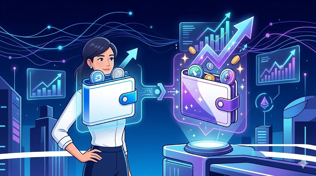 【無料で十分？課金すべき？】財布や硬貨と、上向きの矢印・グラフが組み合わさった近未来的