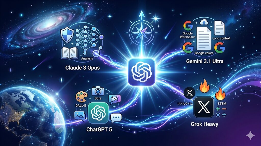 【まとめ・最適なAIは？】地球儀または宇宙空間を背景に、4つのAIアイコンが光の道でつながり、1つが輝いて選ばれている