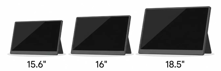 モバイルモニター15.6インチ・16インチ・18.5インチの3サイズ比較イラスト
