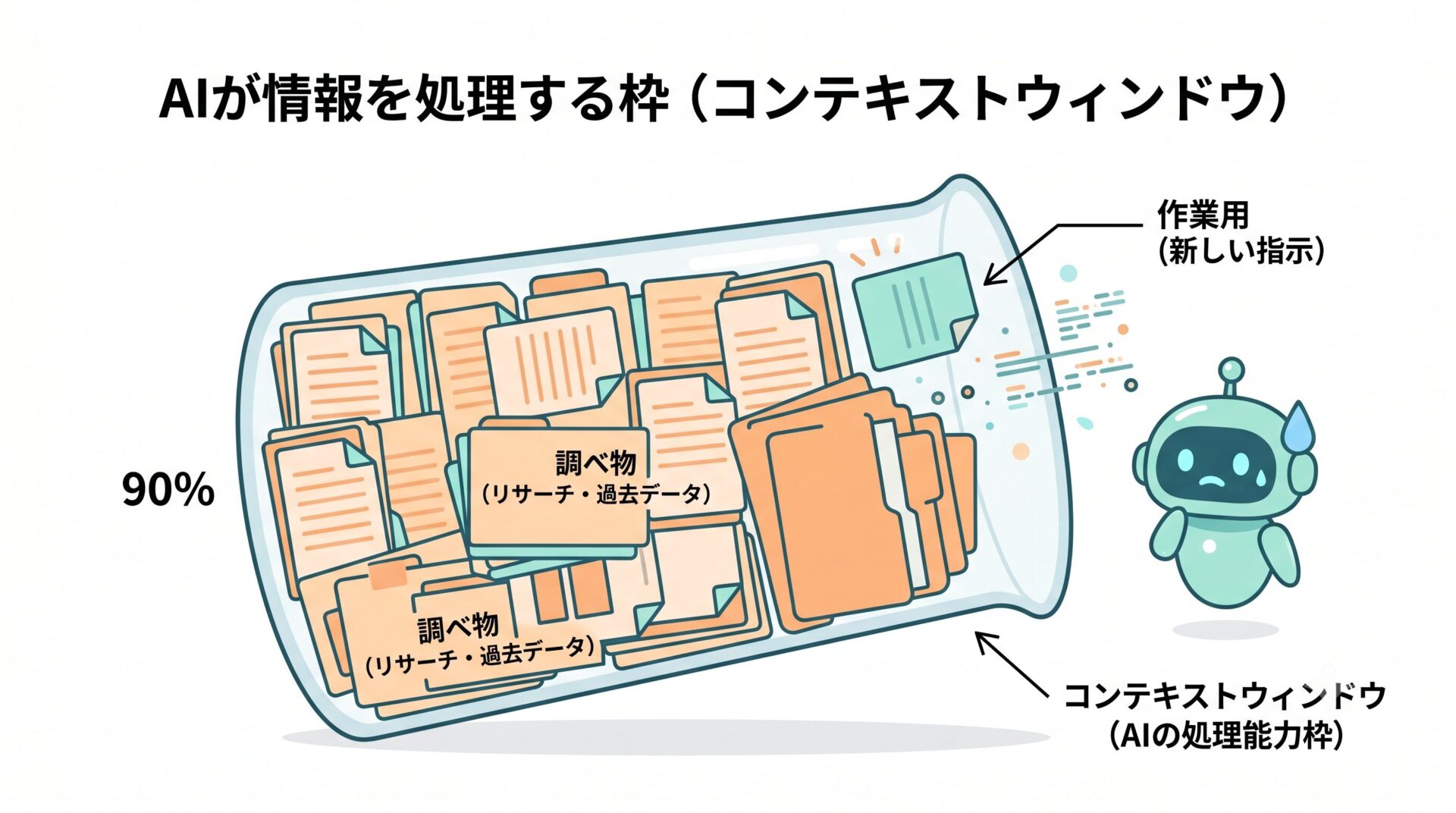 Claude Codeのトークン(コンテキストウィンドウ)が調べ物で埋まる様子のイメージ図