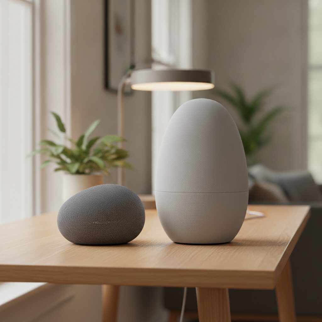第1世代の Google Home Mini と新しい Google Home スピーカーを並べたイメージ