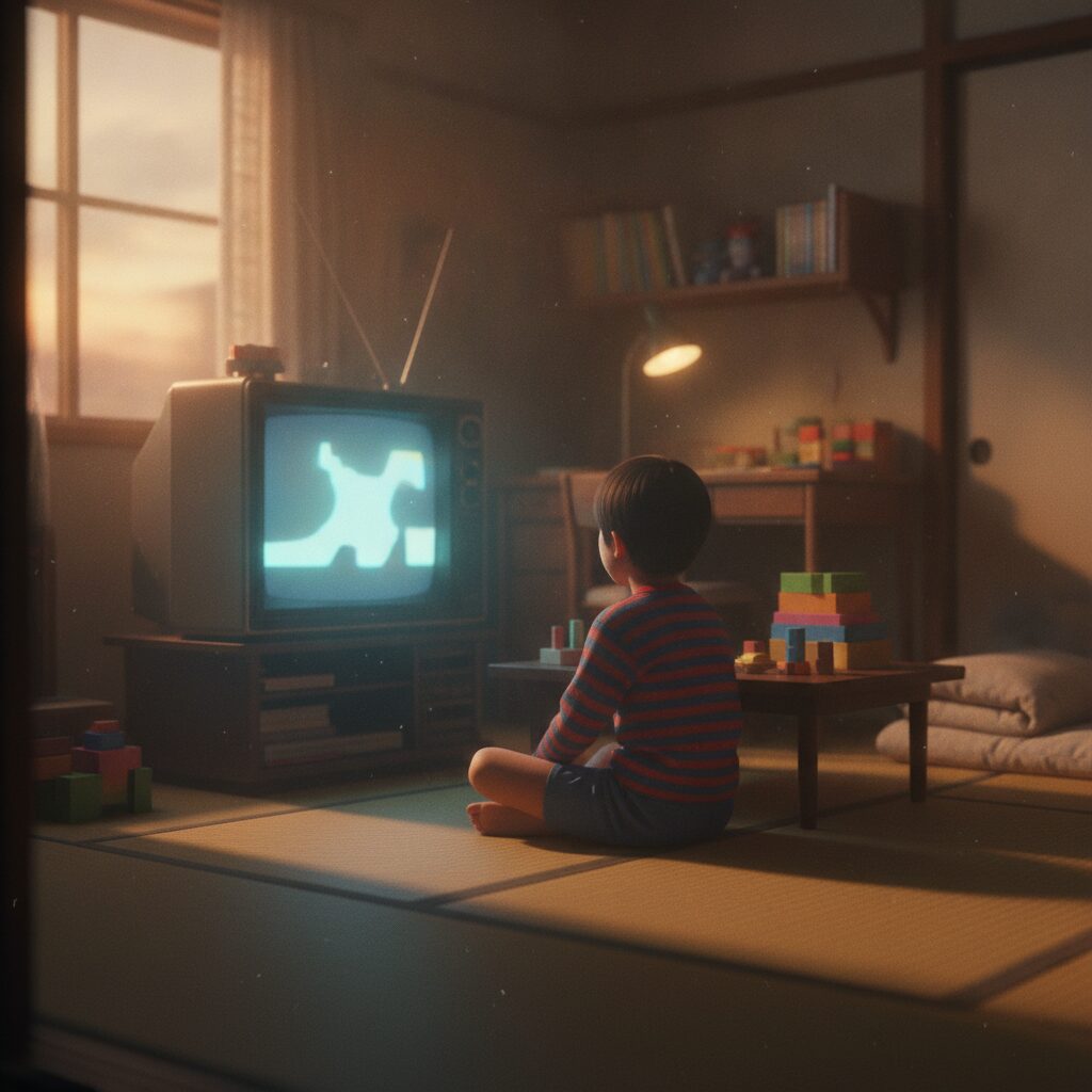 メガドライブを買ってもらえなかった思い出のイメージ。1980年代の子供部屋でブラウン管テレビの前に座る子供の後ろ姿