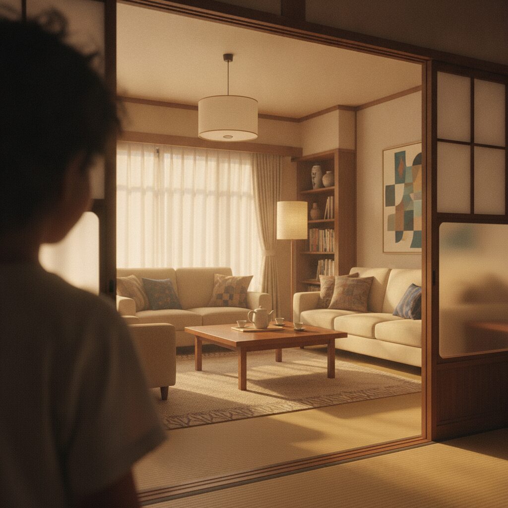 友達の家のリビングをのぞき込む子供の視線。メガドライブを買ってもらえなかった思い出の憧れを表すイメージ