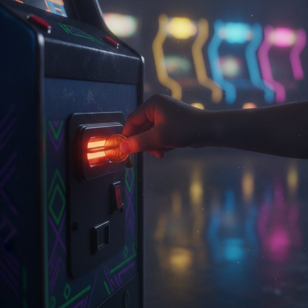 レトロなゲームセンターでアーケード筐体に50円玉を入れる子供の手元のイメージ