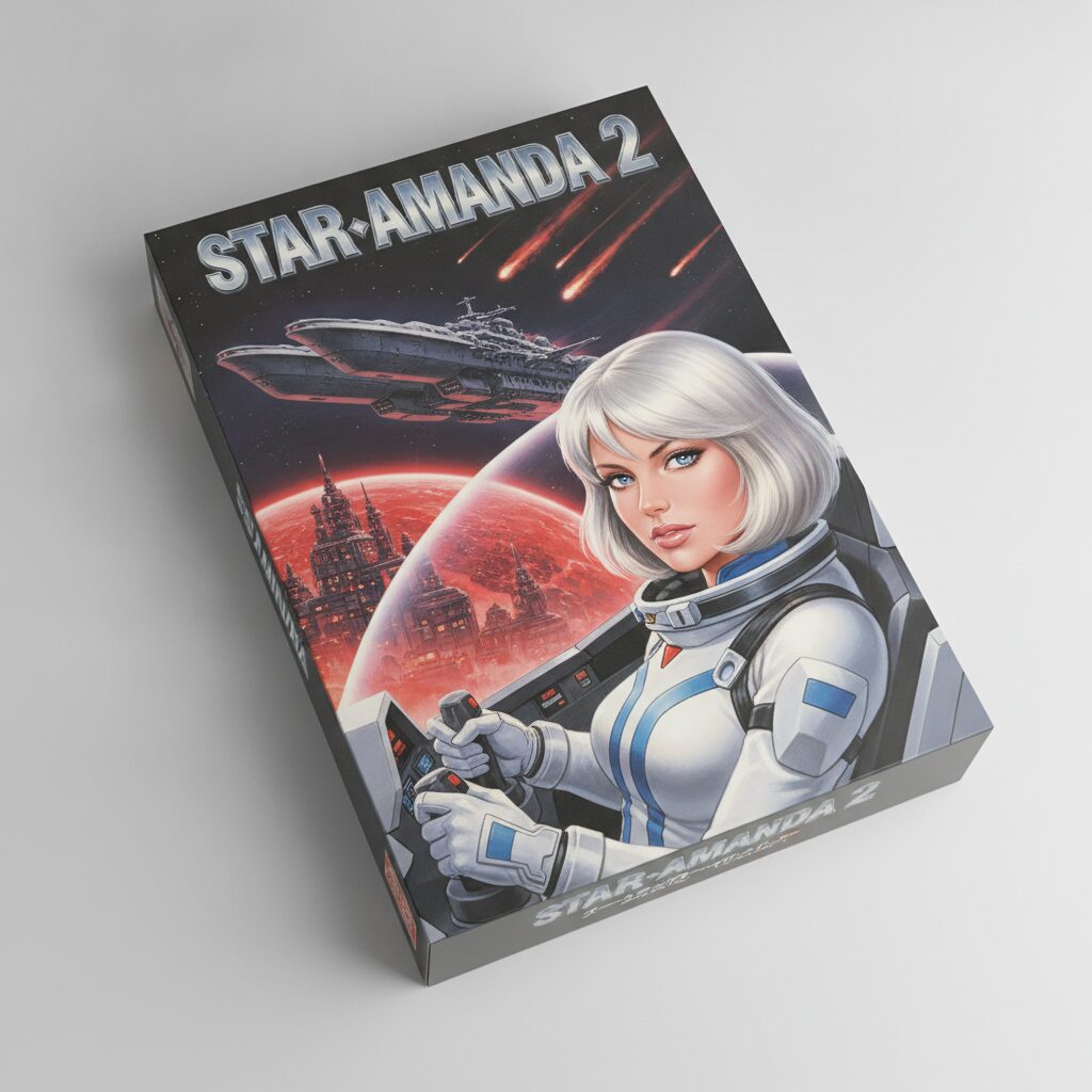 無料ブラウザゲームのシューティング続編「スター・アマンダ2」のパッケージ画像。レトロゲーム機のカセット外箱風の宣材写真イメージ
