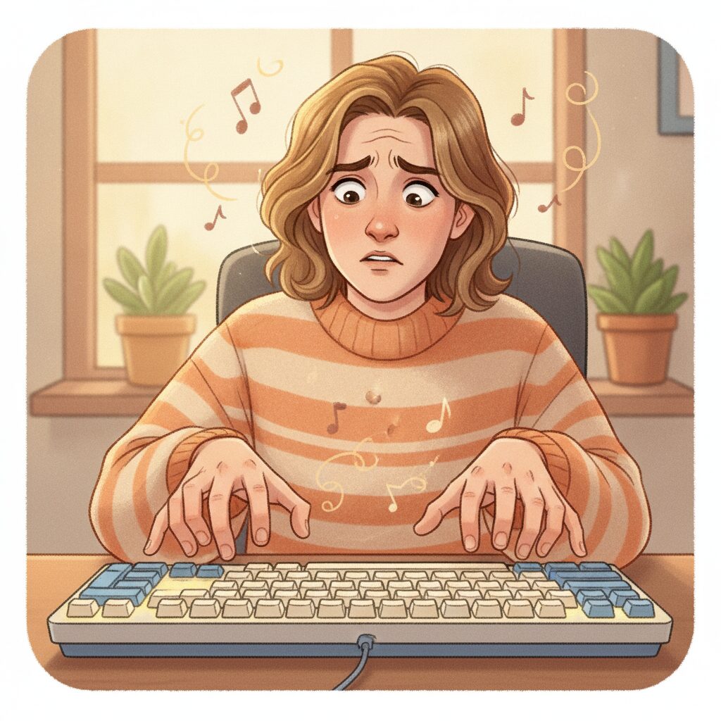 キーボードで和音(複数キー同時押し)を打とうとして指がもつれ戸惑うイメージ