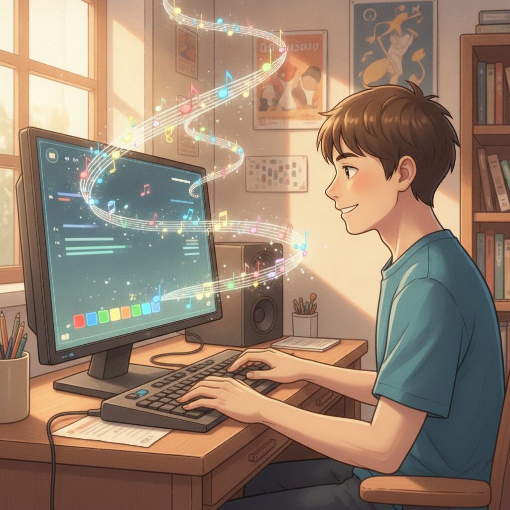 画面に流れる音符に合わせてキーボードで音楽ゲームを楽しむイメージ