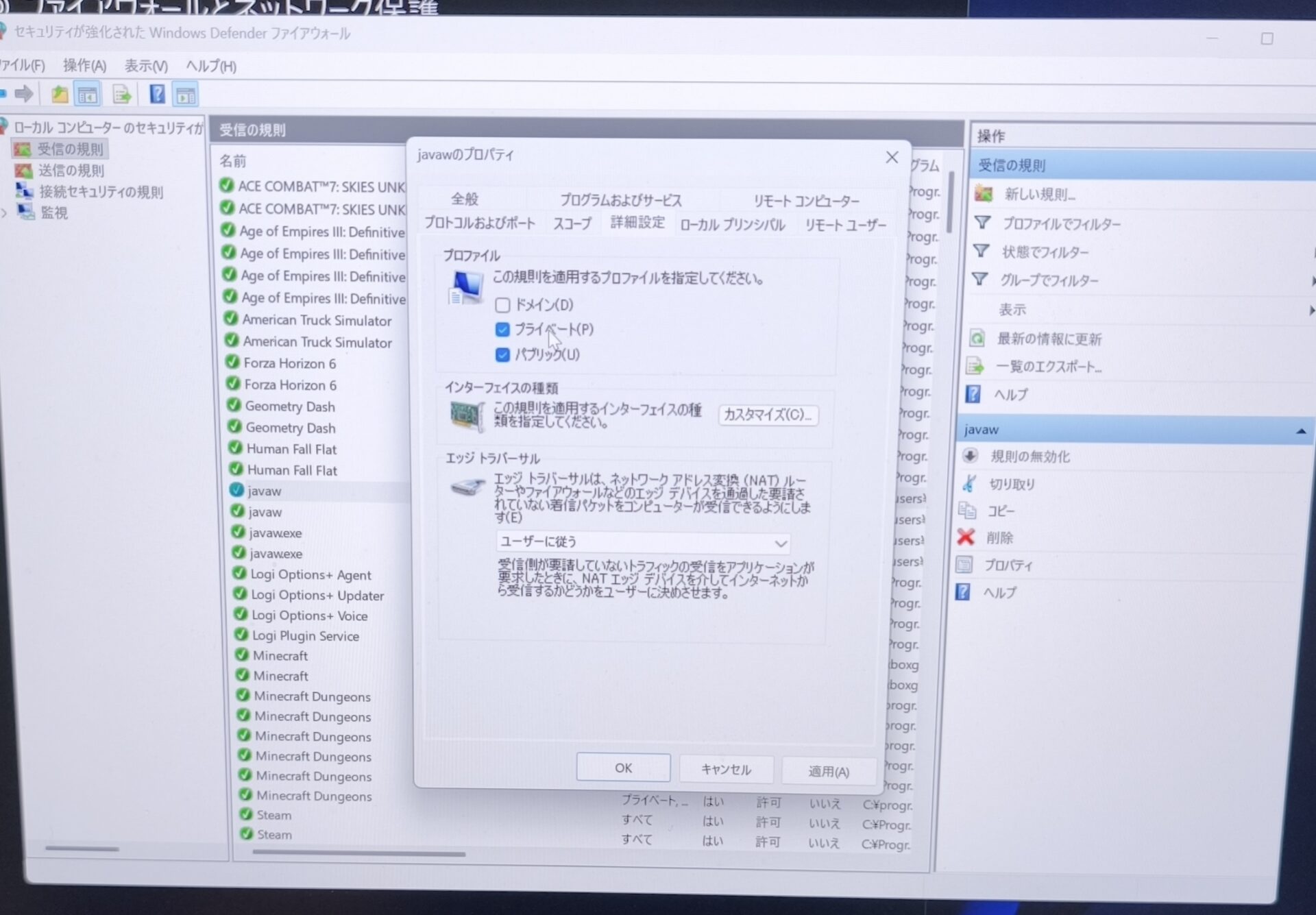 javawのプロパティの詳細設定タブでプロファイルにプライベートを追加する画面
