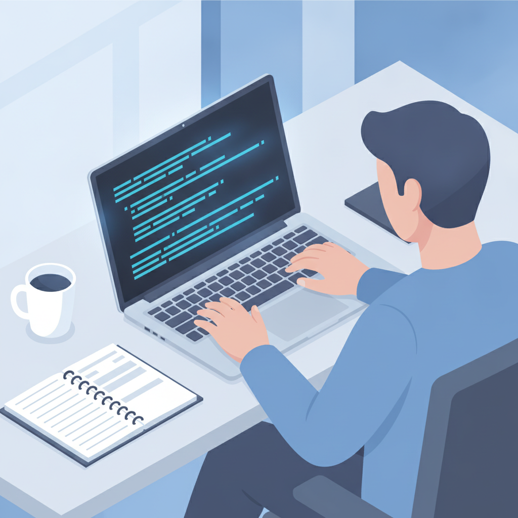 ノートパソコンの黒い画面に向かって指示を打ち込んでいる人物を斜め後ろから描いたイラスト