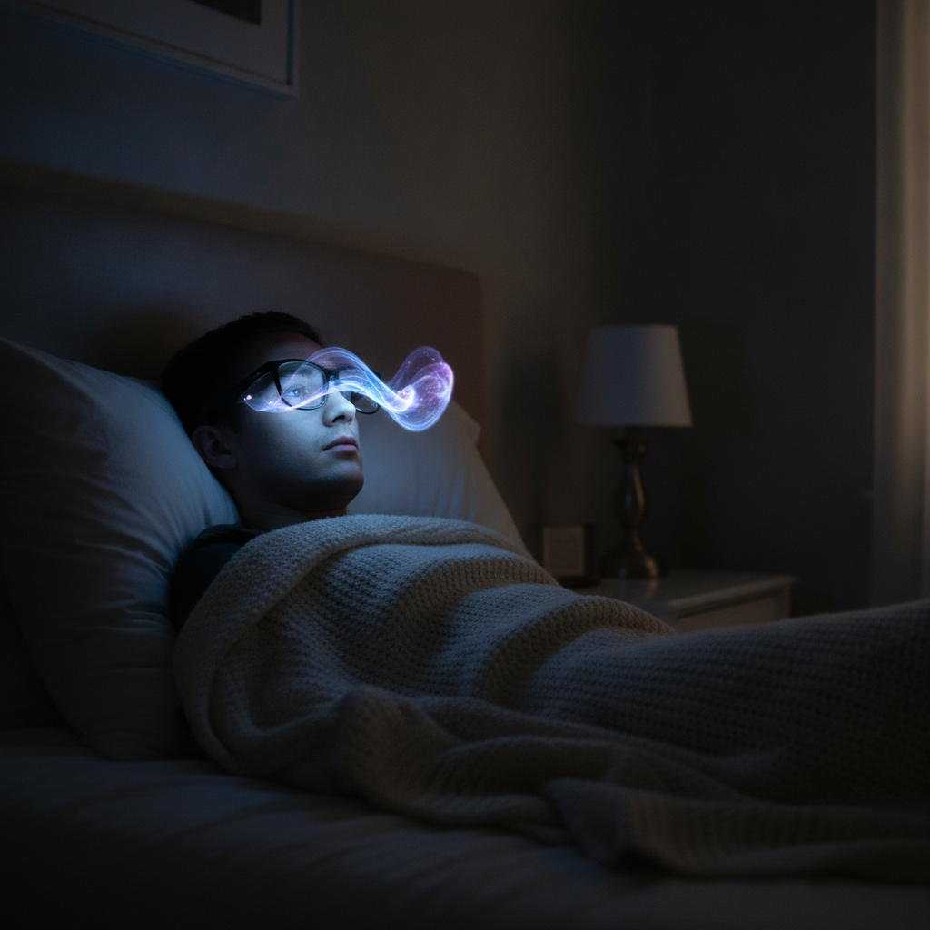 暗い部屋で大きな仮想スクリーンの映像を見ているイメージ
