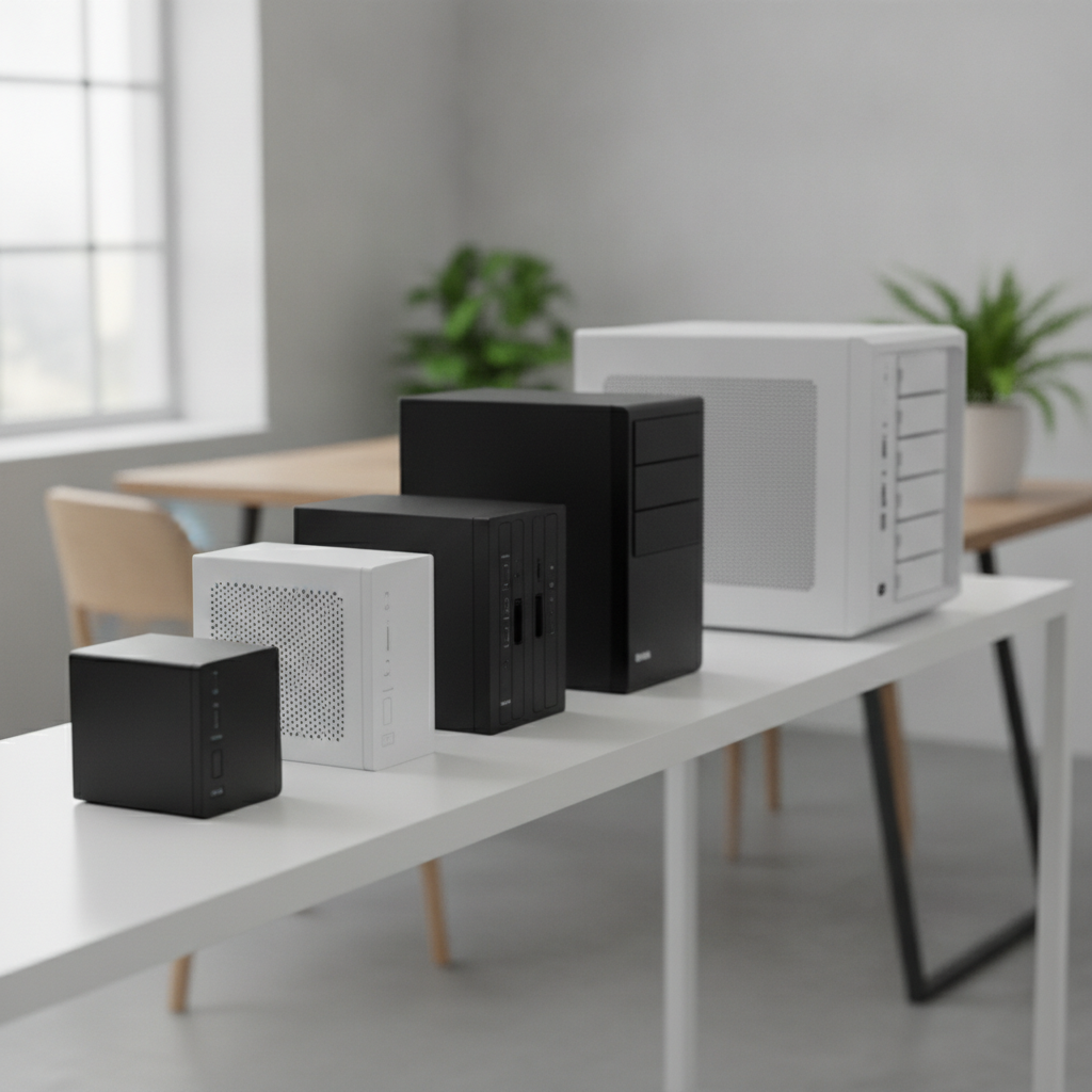 Synology NAS 比較表のイメージ。机に大きさ順に並んだ複数台のネットワークストレージ機器