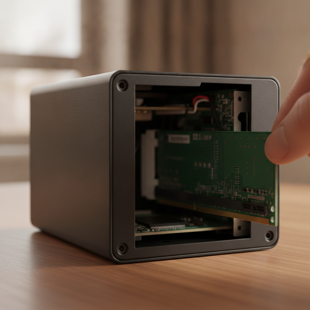 Synology NAS 比較表の最大の分かれ目、メモリ増設のイメージ。機器の側面からメモリ基板を差し込む様子