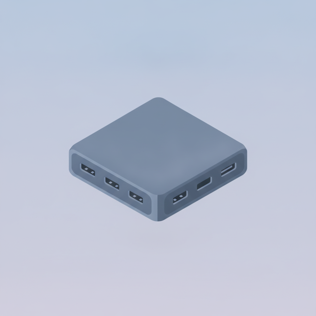 ORICOの10-in-1ドッキングステーションのポート配置をイメージした図解イラスト。HDMI・USB・LAN・SD/TFカードスロット・M.2 SSDスロット・PDポートを1つの箱にまとめた様子