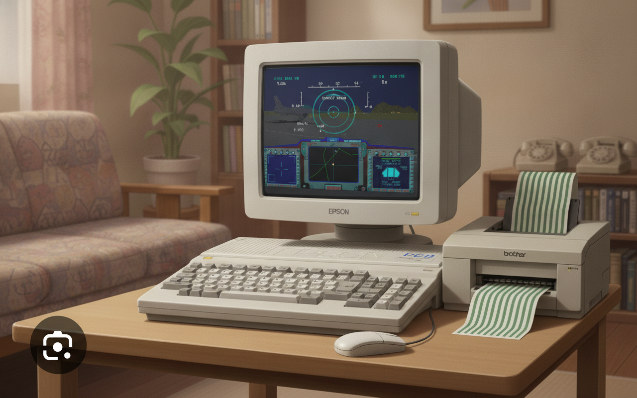 トロン OS 潰されたと言われる前の思い出。EPSON PC CLUBの本体とブラザーのドットプリンター、有線マウス、モニターに映るエアーコンバットIIのコックピット画面を再現したイラスト