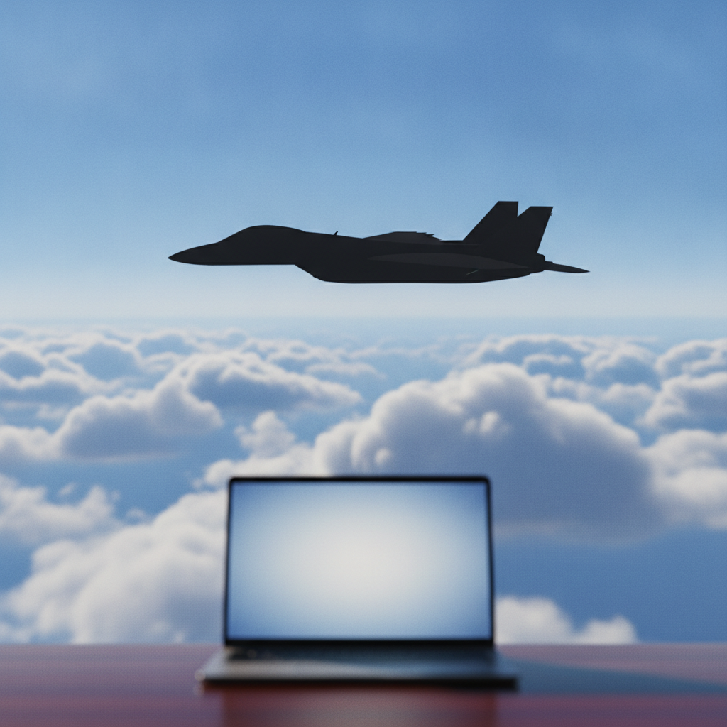 雲の上を飛ぶ戦闘機と、机の上のノートパソコン