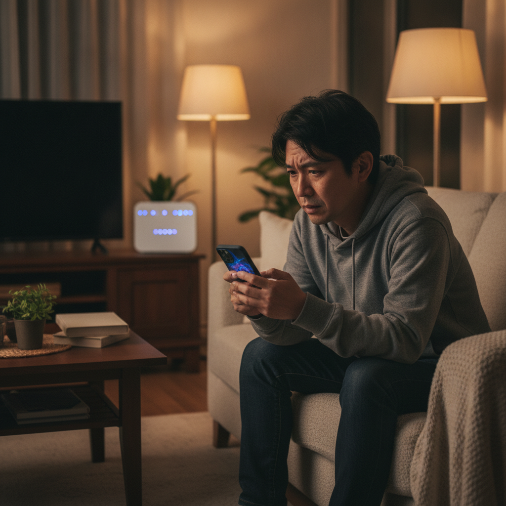 TP-Linkルーターの危険性を自宅で調べているところ。リビングでルーターの前でスマホを見ながら考え込む男性