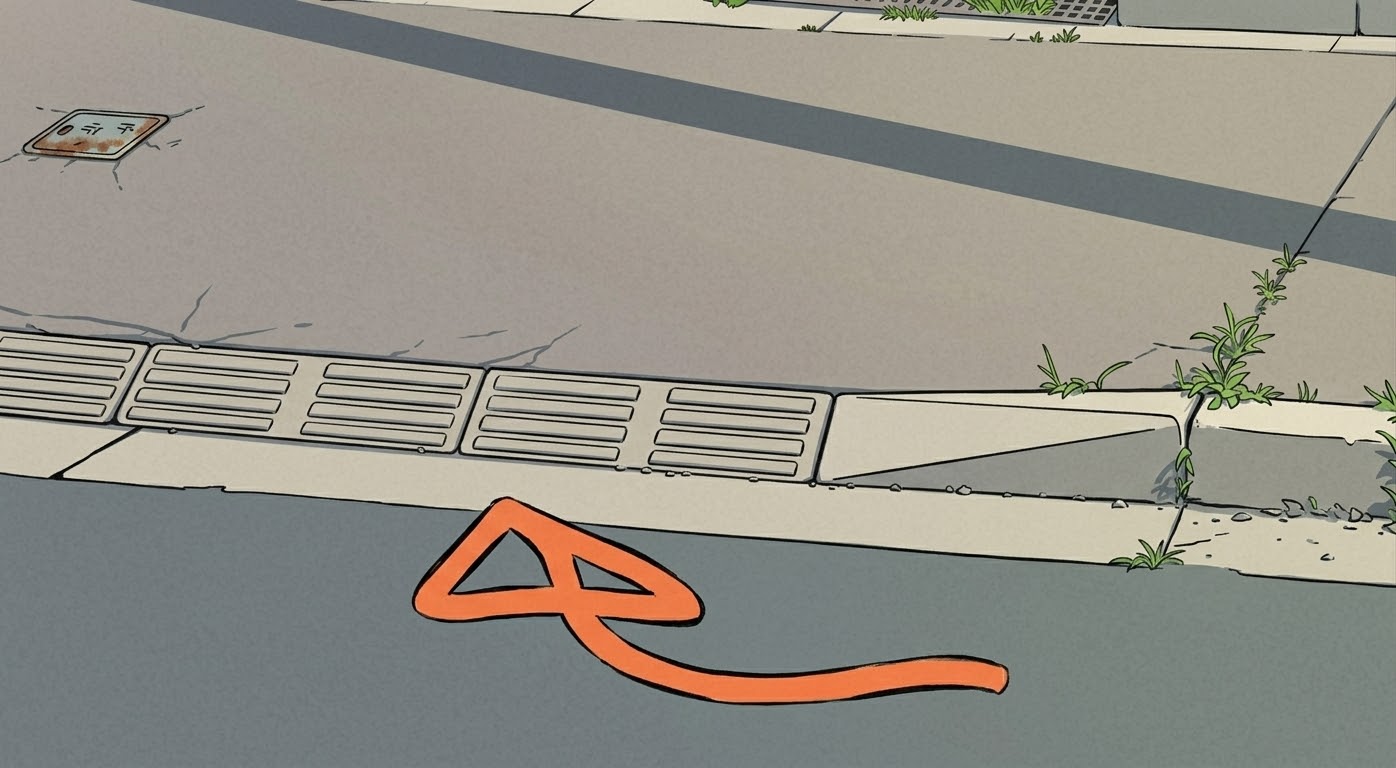 ウェルパーク狭山中央店の駐車場入口。歩道の端を縁取るコンクリートブロックと、車が出入りする部分だけ三角になった段差解消の部分（イメージ）