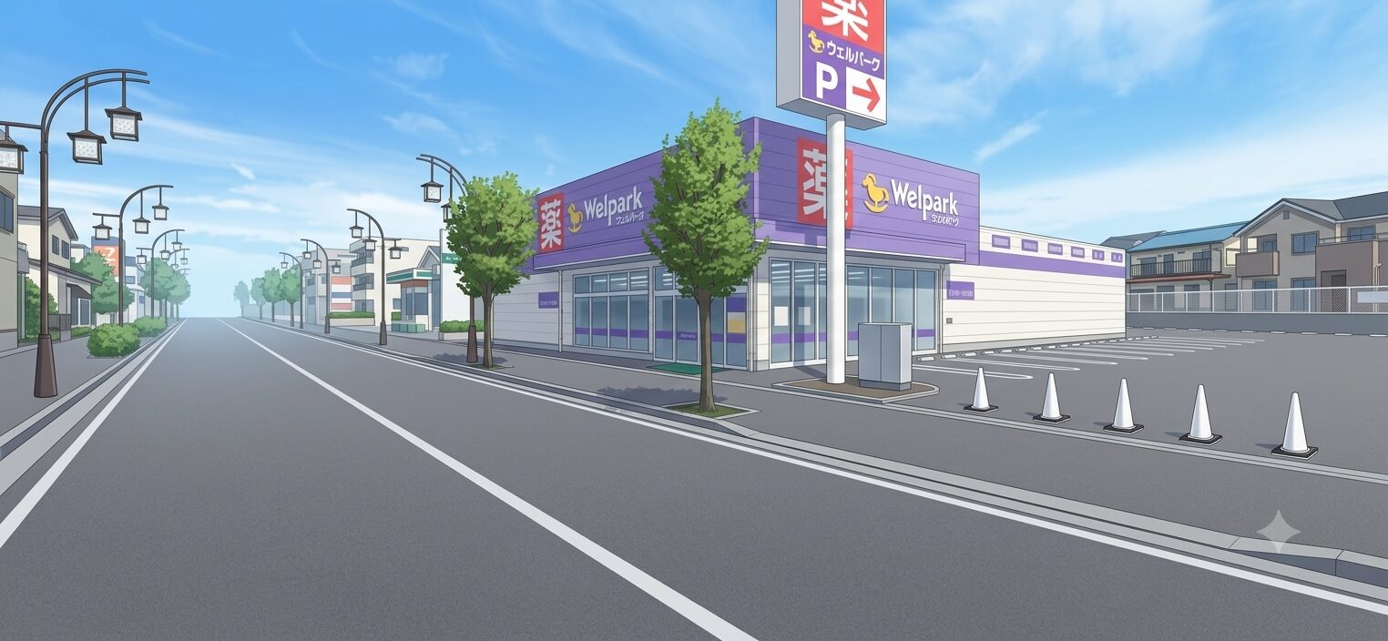 ウェルパーク狭山中央店の閉店前の店舗外観。通り沿いの薬の看板と駐車場のイラスト