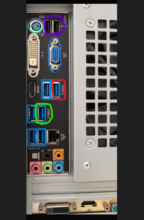 自作パソコンの背面IOパネル。紫=黒いUSB 2.0の口、赤=直前まで挿していた青いUSB 3.0の口、緑=以前から切断が起きていた青いUSB 3.0の口