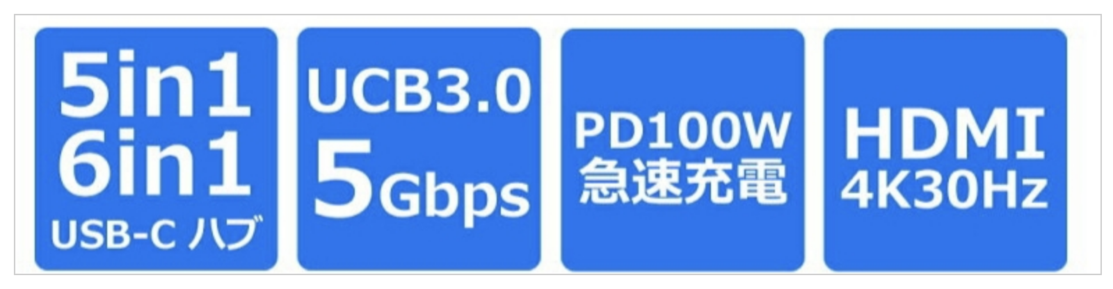 楽天のUSB Type-Cハブ商品ページに出ていた4つの押し文句のラベル。PD100W急速充電、HDMI 4K30Hzなど