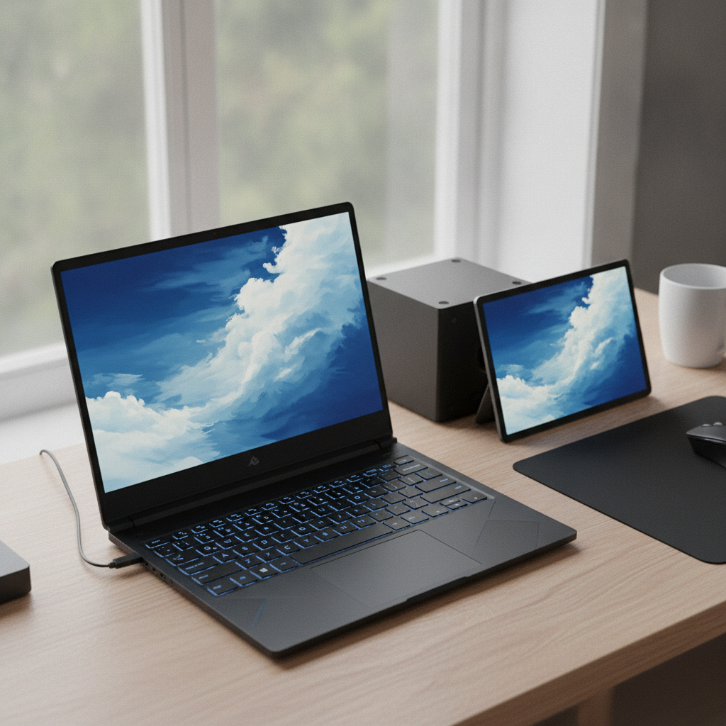 エースコンバット8のマルチプレイのため、ゲーミングノートPCとミニPCを見比べるイメージ