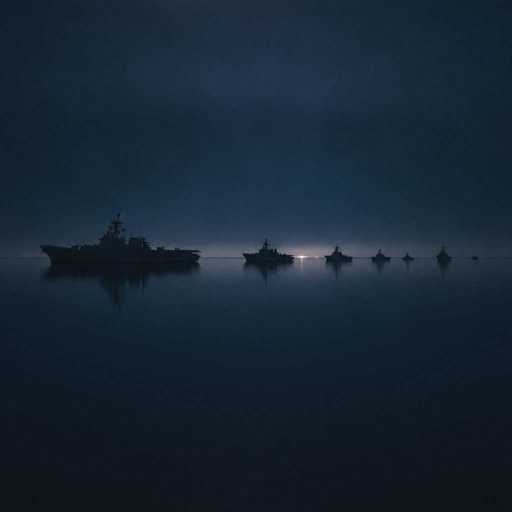 戦艦・巡洋艦・駆逐艦の大きさをシルエットで比べる抽象イメージ。夜の海に浮かぶ大小の艦影