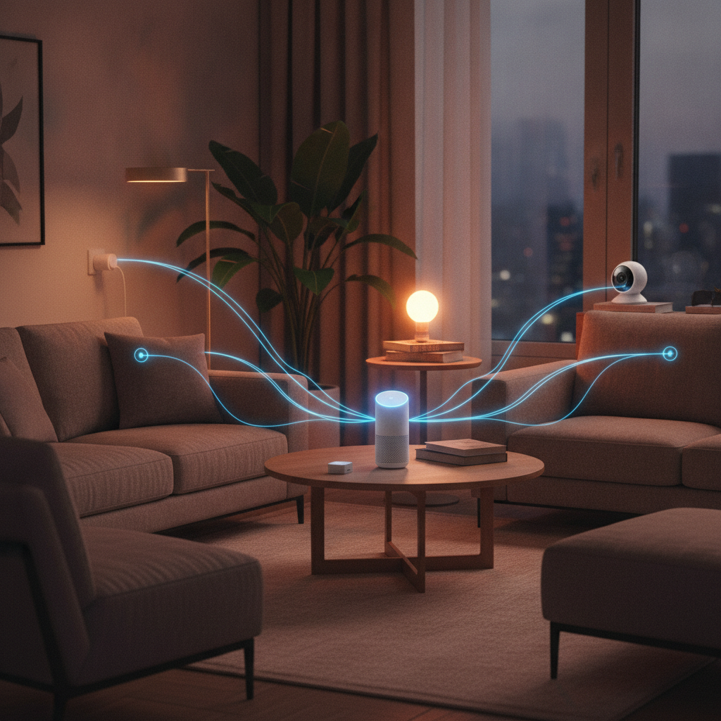 TapoのスマートプラグやカメラとGoogle Homeのスピーカーが並び、AIの光でつながっているイメージ