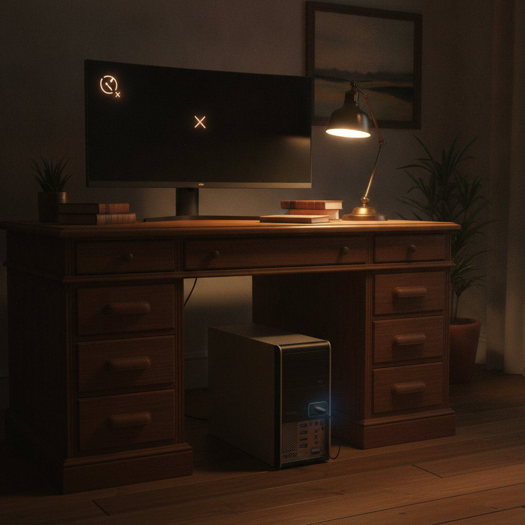 自作PCの背面にUSBのWi-Fi子機が挿さっている夜の書斎の雰囲気。画面には通信が切れたことを示す小さなマークが出ている