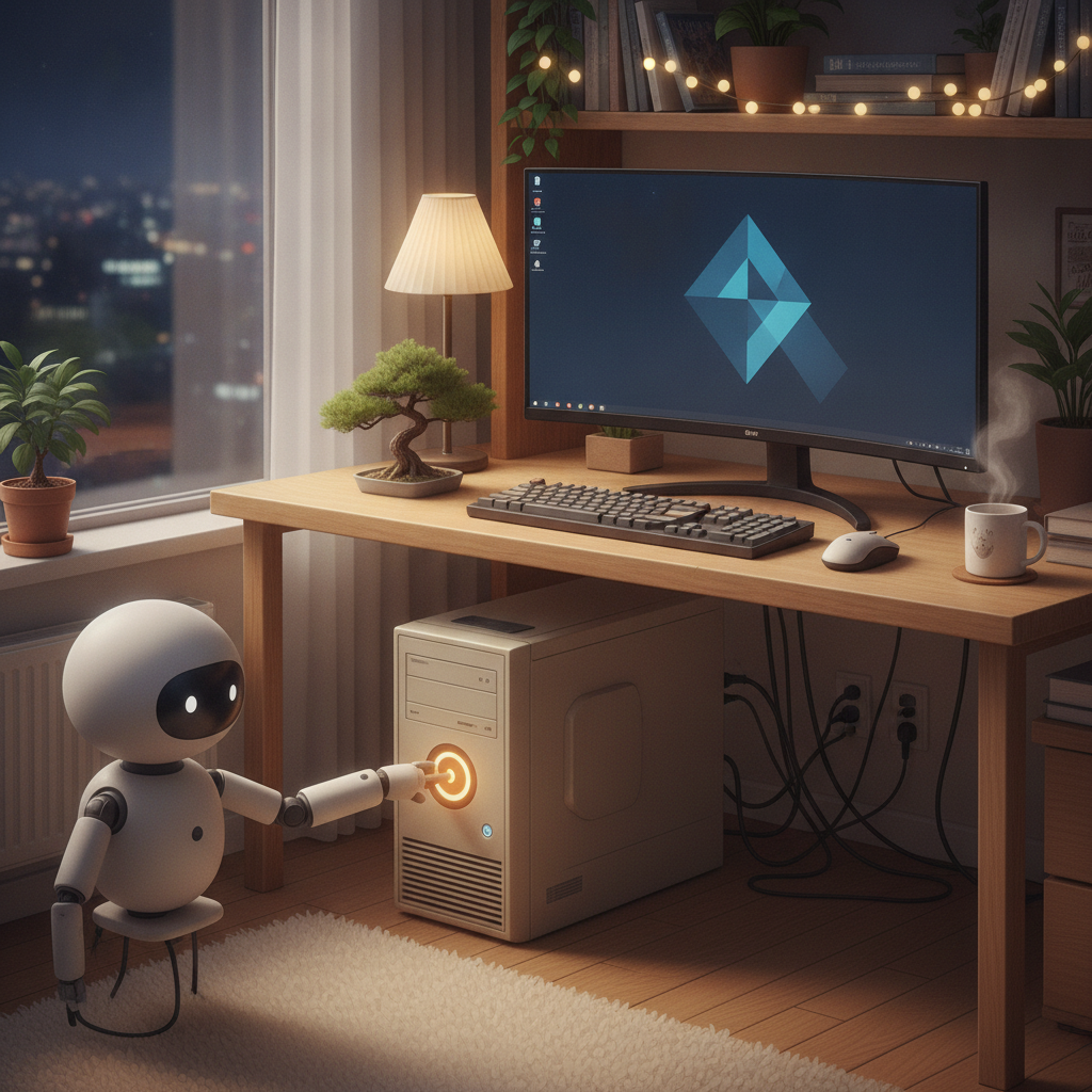 wake on lan 無線 自作PC 電源ボタンの近くに小さなロボット型スイッチが寄り添うイメージ画像