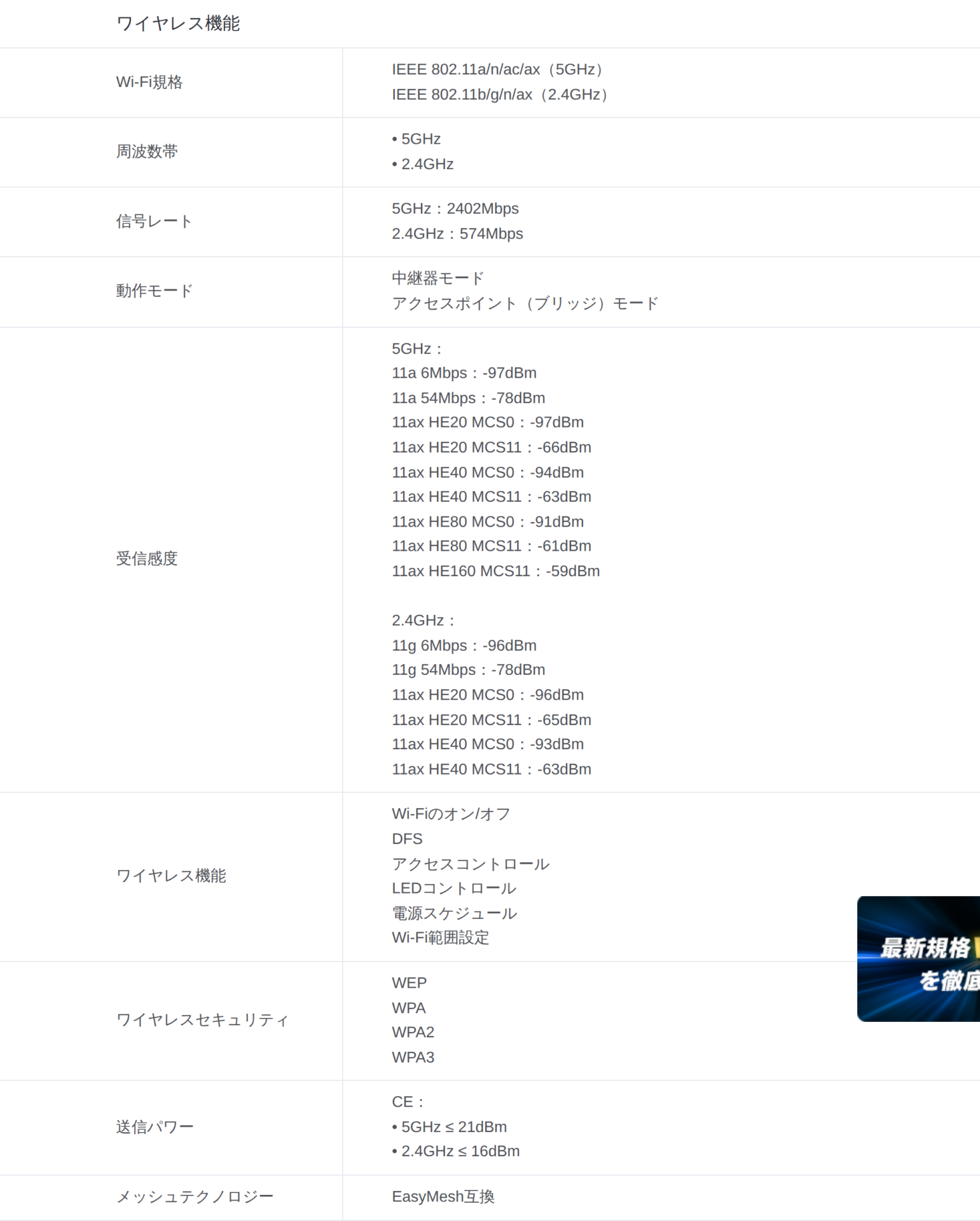 TP-Link公式サイトのRE700X仕様表のスクリーンショット