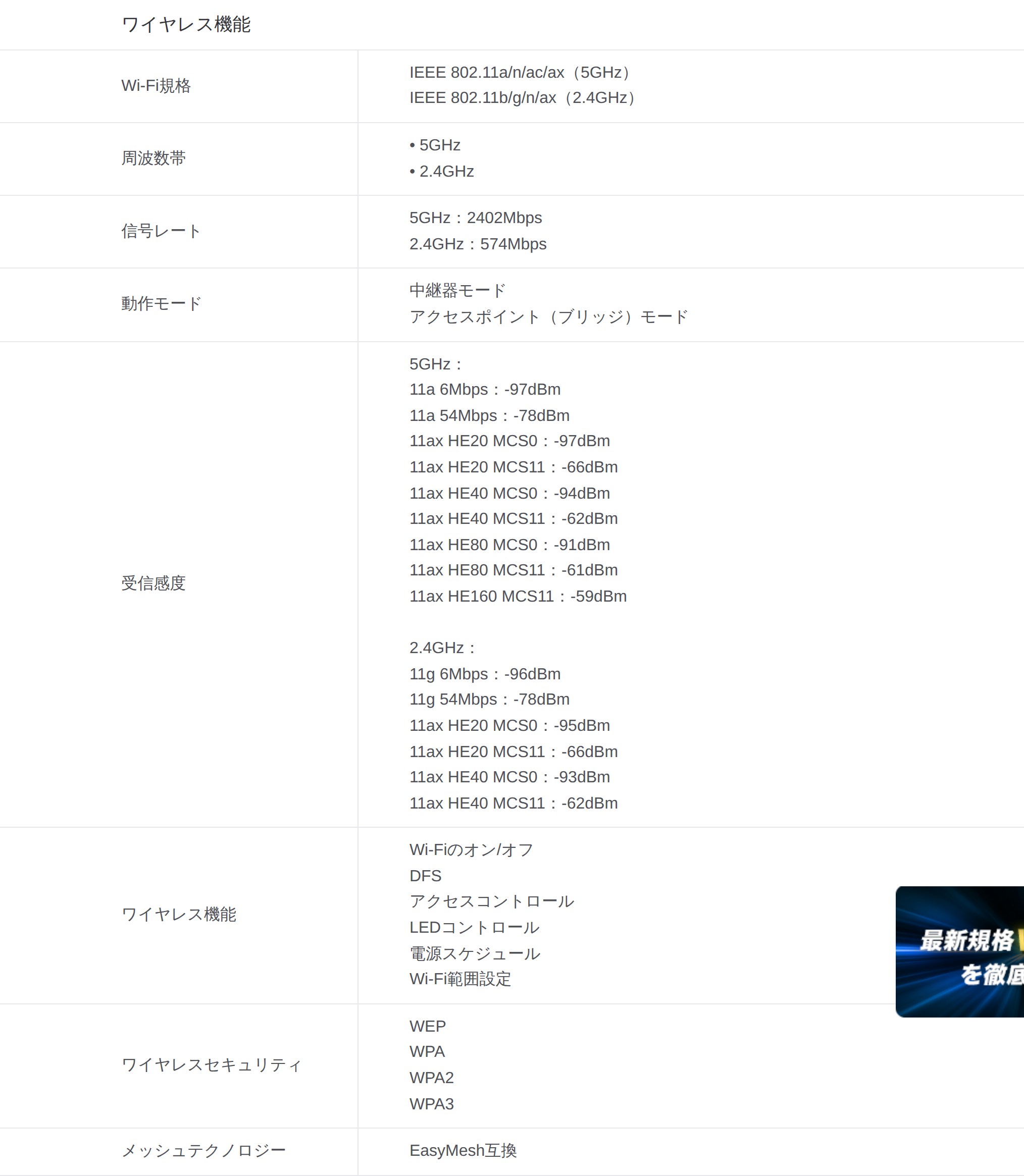 TP-Link公式サイトのRE705X仕様表のスクリーンショット