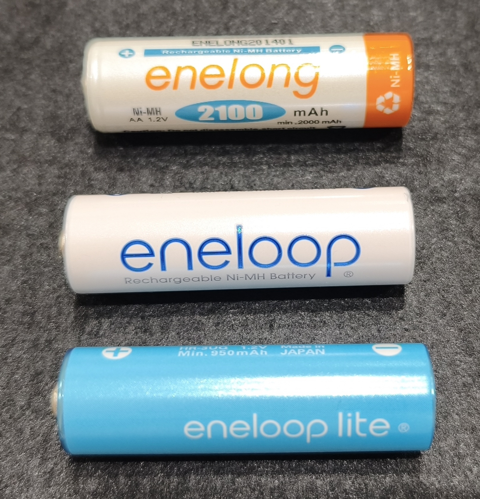 エネロング、エネループ、エネループ ライトの単3形3本を並べた写真。上からオレンジ帯のenelong、白いeneloop、水色のeneloop liteの電池本体が見える