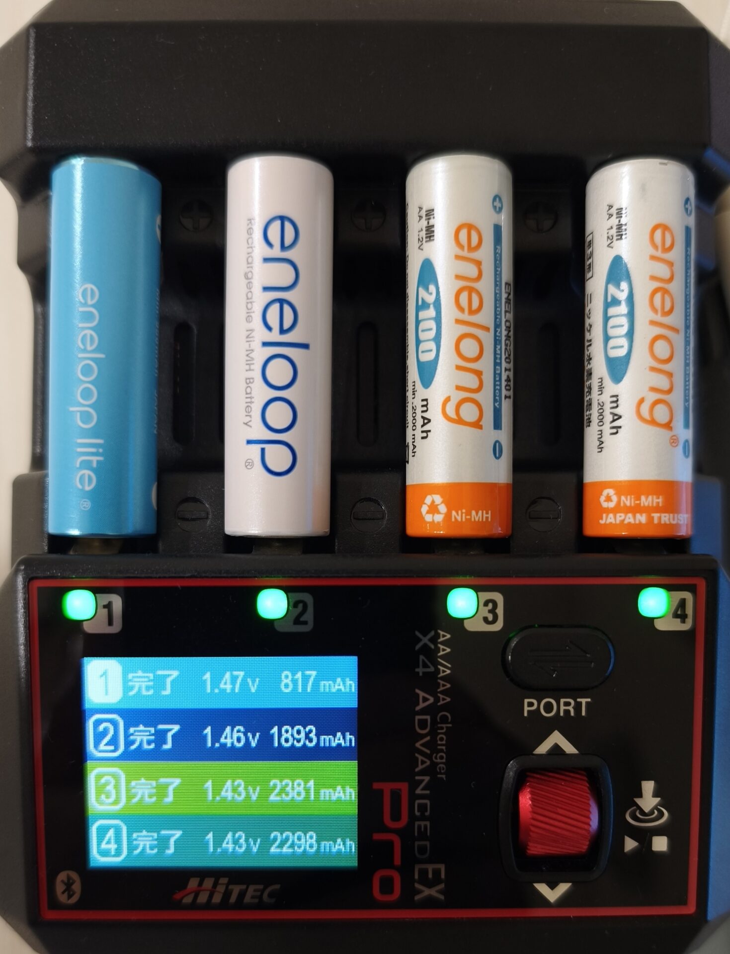 Hitec X4 Advanced EX Proの4本用充電器に、水色のeneloop lite、白いeneloop、オレンジ帯のenelong（2100mAh表記）が2本、単3形電池が左から挿さっている。画面には1完了1.47V 817mAh、2完了1.46V 1893mAh、3完了1.43V 2381mAh、4完了1.43V 2298mAhと表示されている