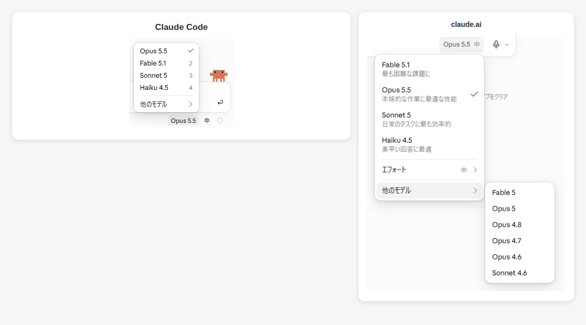 ClaudeのFable5.1とOpus5.5、Claude Codeとclaude.aiでモデル選択画面の並び順が違うことを示す比較画像
