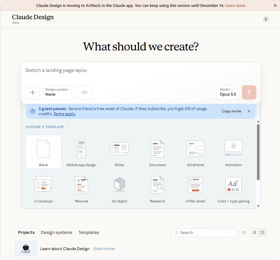旧Claude Design(Beta)の画面。上の帯に、Claude DesignはArtifactsに移っていくところで、この版は12月14日まで使える、という英語の案内が出ている