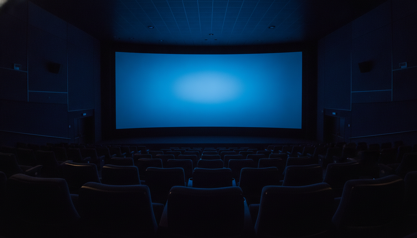 大きなスクリーンが目の前いっぱいに広がる、映画館の座席からの眺めのイメージ