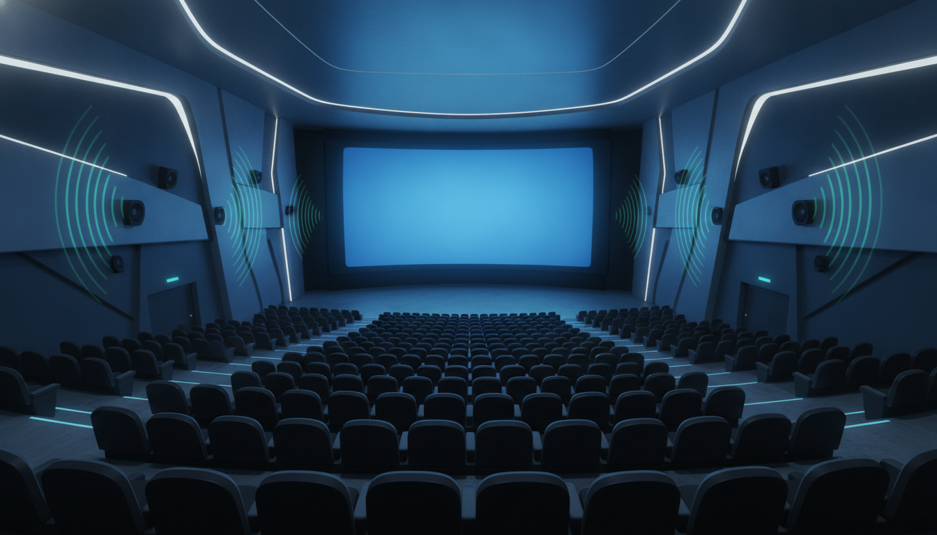 ゴジラ-0.0を観る映画館の音響をイメージした、大きなスクリーンと客席の絵